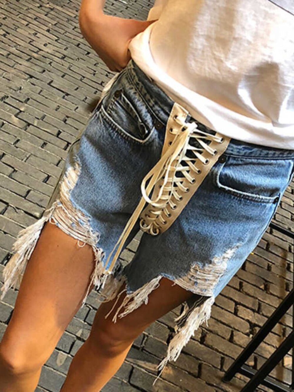 Distressed Shoelace Denim Shorts - Picture 5 of 5